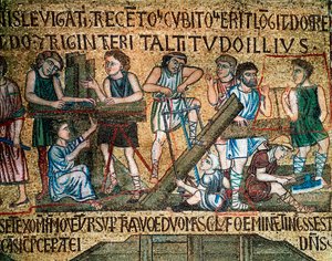 Arquitetura bizantina: “” a construção da torre de Babel ”” No local, operários e carpinteiros serraram tábuas. Mosaico feito por artistas venezianos Basílica di San Marco do século 13