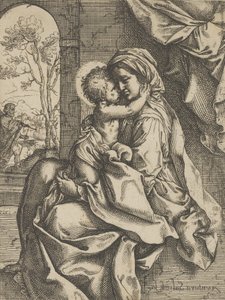 A Virgem sentada com o Menino Jesus no colo abraçando-a, José viu o..., ca. 1600-1613.