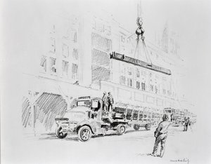 Viga de aço a ser içada do camião, para ser utilizada na construção do Empire State Building, publicada por William Edwin Rudge de Vernon Howe Bailey
