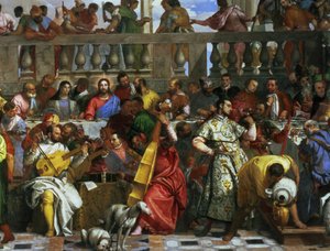 A festa do casamento em Caná, detalhe de músicos e cães, c.1562 óleo sobre tela detalhe de 94932 de Paolo Veronese