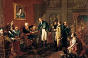 Guerra da Independência Espanhola: "" o Capitão General de Valência encontra-se com o Cônsul britânico pouco antes da invasão francesa " (pintura) de Vicent Castello Amat
