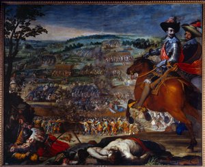 Guerra dos Trinta Anos: 1618-1648. "A Batalha de Fleurus em 1622." Opõe-se às tropas protestantes de Christian de Brunswick e Ernst von Mansfeld contra o exército espanhol liderado por Gonzalo Fernandez de Cordoba, à direita. Pintura de Vicente Ca