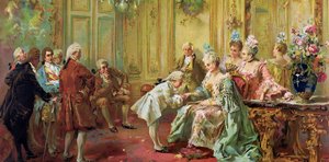 Wolfang Amadeus Mozart (1756-1791) na Madame (Marquise) de Pompadour (família de Mozart, durante a turnê européia) (1763-1766) - Arte acadêmica: A apresentação do jovem Mozart a Madame de Pompadour em Versalhes em 1763 por Paredes, Vicente Gar de Vicente Garcia de Parades