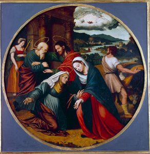 Visitação. Encontro entre a Virgem Maria e Santa Isabel. Lá no fundo, São José e Zacarias. Pintura de Juan Vincente Macip (1490-1550) Ec. Esp. de Vicente Juan (c.1510 79) Macip