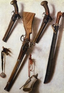 Trompe L&39;Oeil com rifles, espada e chifre de pólvora de Vicente Victoria or Vitoria