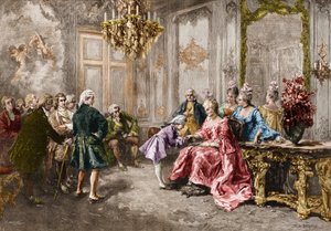 Wolfang Amadeus Mozart (1756-1791) em Madame (Marquise) de Pompadour (A família de Mozart, durante a turnê na Europa) (1763-1766). Gravura após a pintura de M. V. de Paredes. de Vicente de (after) Paredes