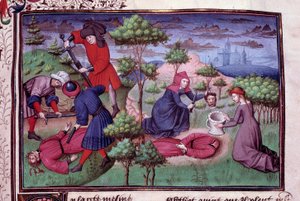 Cena de homicídio de dois homens cujos assassinos cortaram-lhes a cabeça. Página de um manuscrito em francês do "Decameron" de Giovanni Boccaccio dit Jean Boccace (1313-1375), escritor italiano, iluminado pelo Mestre de Mansel. 1450. Paris, Biblioteca do A de Vicente de Paredes