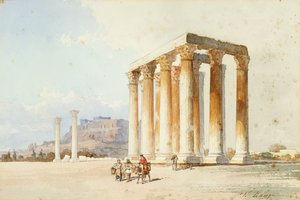 Templo de Zeus com Acrópole, Parthenon, Atenas (aguarela e cor de corpo) de Vicenzo Lanza