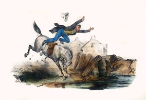 Um cavaleiro cai depois da pressa do seu cavalo. Em "Album Grotesque, Choices of Outstanding Types", ilustrações de Victor Adam, Paris, cerca de 1850. de Victor Adam