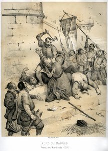 Assassinato de Etienne Marcel, rico desenhador e Prevot des merchants (1316-1358) pelo echevin Jean Maillart, um dos líderes do partido monárquico, em julho de 1358. Gravura de Victor Adam (1801-1866) no livro "A França na Idade Média" publicado de Victor Adam