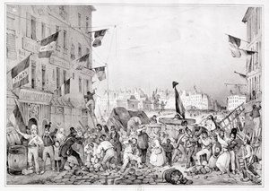 Barricada na Rue Dauphine, 29 de julho de 1830, gravada por H. Delaporte