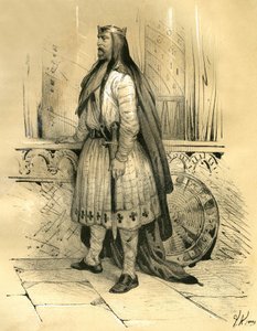 Clodion, o Cabelo, chefe dos francos salianos desde cerca de 428 até à sua morte em 447, provável antepassado dos merovíngios. Gravura de Victor Adam (1801-1866) no livro "A França na Idade Média", publicado pelos irmãos Ardant em meados do século XVI. de Victor Adam