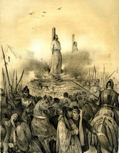 Morte no talho de Jacques de Molay (Molai) (1243-1314), último grande mestre da Ordem dos Templários (1298). Philippe le Bel manda-o prender (1307), tortura-o e aprisiona-o antes de o queimar vivo, juntamente com o comandante da Normandia, Geoffroy de Char