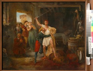 Dom Quixote Lutando contra certas peles de vinho tinto de Victor Adam