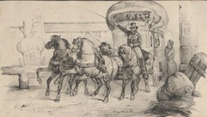Cinco cavalos puxando uma carruagem com passageiros, meados do século XIX.