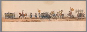 Procissão histórica no segundo centenário da Universidade de Ciências Aplicadas de Utrecht, 1836 (placa 7) Aproximação dos exércitos holandeses a Ostende, 3 de julho de 1600, um dia após a vitória em Nieuwpoort; de acordo com a representação fantasiada dad de Victor Adam