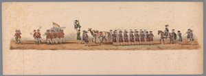 Procissão histórica no segundo centenário da Universidade de Ciências Aplicadas de Utrecht, 1836 (placa 3) Aproximação dos exércitos holandeses a Ostende, 3 de julho de 1600, um dia após a vitória em Nieuwpoort; de acordo com a representação fantasiada dad de Victor Adam