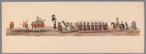 Procissão histórica no segundo centenário da Universidade de Ciências Aplicadas de Utrecht, 1836 (placa 3) Aproximação dos exércitos holandeses a Ostende, 3 de julho de 1600, um dia após a vitória em Nieuwpoort; de acordo com a representação fantasiada dad de Victor Adam
