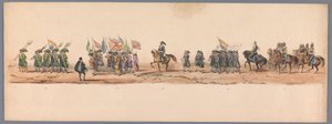 Concurso histórico no segundo centenário da Universidade de Utrecht, 1836 (placa 9)
Procissão do exército holandês a Ostende, a 3 de Julho de 1600, no dia seguinte à vitória em Nieuwpoort; de acordo com a representação fantasiada, dada por H H H Student de Victor Adam