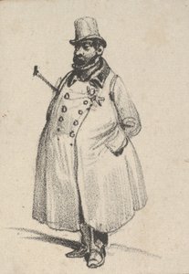 Homem vestindo um casaco e um chapéu com uma bengala debaixo do braço, meados do século XIX.