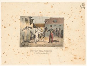 Rekruut verzorgt een paard Recruta de paciência e medula nos ossos (título no objeto) Cenas militares (título da série) Cenas militares (título da série) de Victor Adam