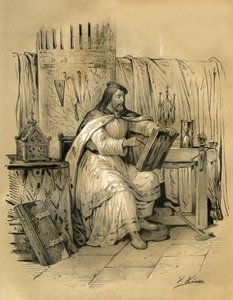 Santo Eloi (v.588-660) ourives e tresoureiro do rei dos Francos Dagoberto I, depois eveque de Noyon de 641 até à sua morte. Gravura de Victor Adam (1801-1866) no livro "A França na Idade Média", publicado pelos irmãos Ardant em meados da década de de Victor Adam