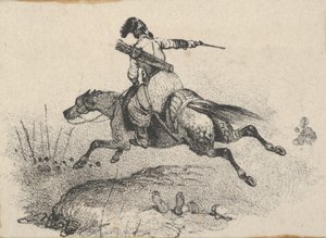 Soldado a cavalo a galope, meados do século XIX.