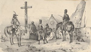 Soldados reunidos em frente a uma igreja com padres e um crucifixo, meados do século XIX. de Victor Adam