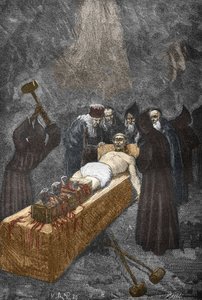 Caso dos Posssedes de Loudun (demónios de Loudun) por volta de 1630: caça às bruxas, o padre francês Urbain Grandier (1590-1634) que alegadamente fez um pacto com o diabo e acusa de ter enfeitiçado freiras, é tortura para bordar - (Urbain Grandier, francês