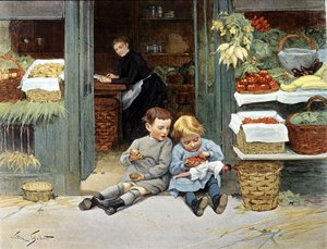 Duas crianças comendo uma maçã e morangos. Ilustração