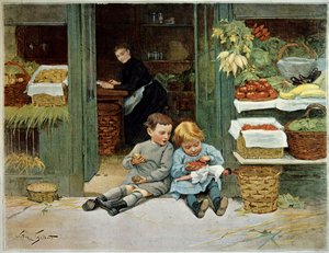 Faça-lhe uma visita guiada. Criança comendo torradas na frente da mercearia da mãe. A menina tem uma boneca de joelhos. Pintura de Victor Gilbert (1847-1935). Paris, Artes Decorativas de Victor Gabriel Gilbert