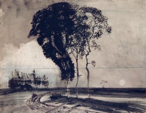 Paisagem com três árvores, 1850 (carvão vegetal, caneta e nanquim e papel lavado) de Victor Hugo