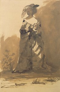 Mulher vestindo um casaco e um chapéu de penas (caneta und tinta e lavagem em papel) de Victor Hugo
