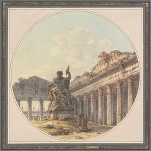 Capricho arquitectónico: Interior de uma ruína de templo com uma estátua de Júpiter Tonante e figuras de staffage de Victor Jean Nicolle