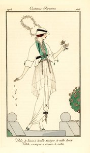 Mulher em vestido de linho com túnica dupla em tule bordado, casaco caseiro forrado com cetim. Robe de linon uma túnica dupla de tulle brode, petite casaque a revers de cetim. Piso colorido à mão (stencil) gravura depois de uma ilustração de Victor Lhu