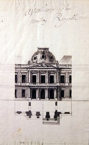 Desenho para uma fachada de uma casa real (caneta e tinta com lavagens cinzentas) de Victor Louis