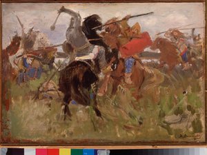 Batalha entre os citas e os eslavos, confronto de cavaleiros de armadura de Victor Mikhailovich Vasnetsov