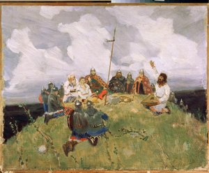 Boyan jouant du gousli (gusli, housli, husli) no século XI (Boyan tocando gusli) - Obra de Viktor Mikhaylovich Vasnetsov (1848-1926), óleo sobre papelão de Victor Mikhailovich Vasnetsov