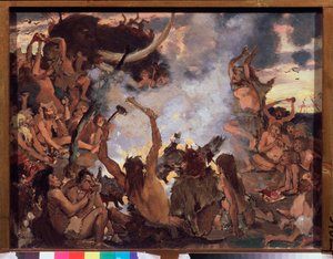A Idade da Pedra, Uma Festa - Pintura de Viktor Mikhaylovich Vasnetsov (1848-1926), óleo sobre tela de Victor Mikhailovich Vasnetsov