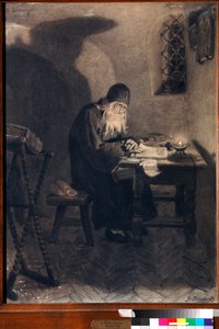 "Pimene" (Pimen) Ilustração para a ópera "Boris Godunov" de Alexander Pushkin Pintura de Viktor Vasnetsov (1848-1926) - 1891 - Carvão, lápis de cor e cor branca sobre papel - Museu Estadual Abramtsevo Estate, Moscou de Victor Mikhailovich Vasnetsov