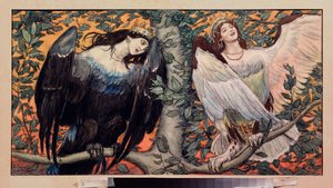 Sirin e Alkonost, Uma Canção de Alegria e Tristeza - por Viktor Mikhaylovich Vasnetsov (1848-1926), aguarela sobre papel