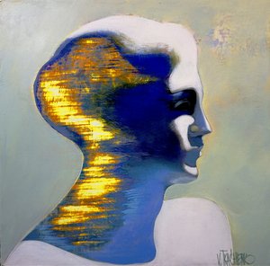 Retrato abstrato em azul dourado de Victor Tkachenko
