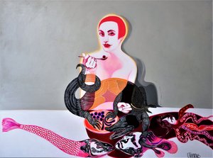 Cena surreal de uma mulher na praia de Victor Tkachenko