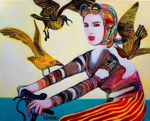 Ciclista e pássaros coloridos de Victor Tkachenko