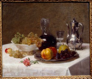 Canto da mesa Natureza morta das frutas (uvas, marmelo e pêra), prataria e jarro de vinho. Pintura de Victoria Dubourg (1840-1926) Sol do século XX. 0,52x0,63 m Grenoble, Musee des Beaux Arts de Victoria Dubourg