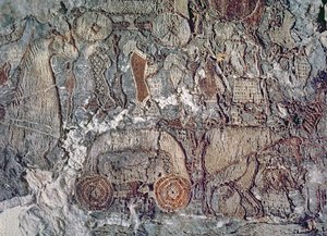 Detalhe de um animal a puxar um carrinho, de uma tapeçaria encontrada com o navio Oseberg (têxtil)