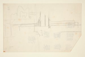 Desenhos e manuscritos originais do artista, e material documental.