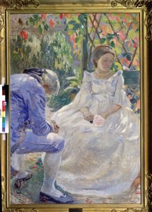 "Uma melodia de Outono". Uma cena galante entre um homem e uma mulher segurando uma flor. Estão vestidos à moda do século XVIII e parecem tristes (amor de separação?). Pintura por Viktor (Victor) Elpidiforovich Borisov de Viktor Elpidiforovich Borisov Musatov