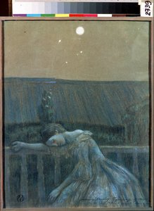 "Le chagrin" (Sorrow) Une jeune fille desesperee appuyee contre une balustrade. Aquarelle et pastel de Viktor (Victor) Elpidiforovich Borisov-Musatov (Borisov Musatov) (1870-1905) (symbolisme) 1903 Museu Estatal de História e Arte Serpukhov (Serpoukhov).