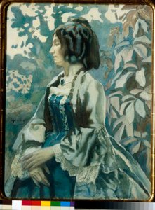 Retrato de uma mulher, olhos fechados, pensativo, vestindo um vestido de crinolina - Obra de Viktor (Victor) Elpidiforovich Borisov-Musatov (Borisov Musatov) (1870-1905)